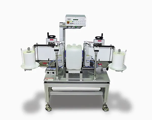 Semi-automatic labeling machine for large containers