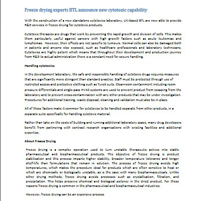 Freeze drying experts BTL announce new cytotoxic capability